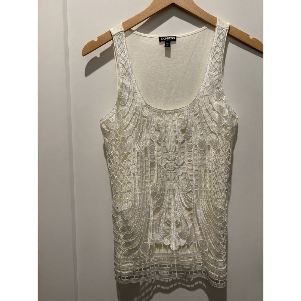 EXPRESS White Crochet Lace Overlay Tank Top Metallic Shimmer Scoop Neck Small S